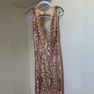 Xtaren Rose Gold Sequin V-Neck Prom Dress